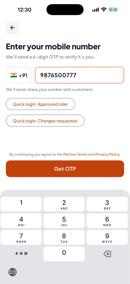 Delivery partner app: Mobile number