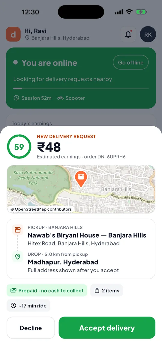 Dino delivery partner app showing a new delivery offer