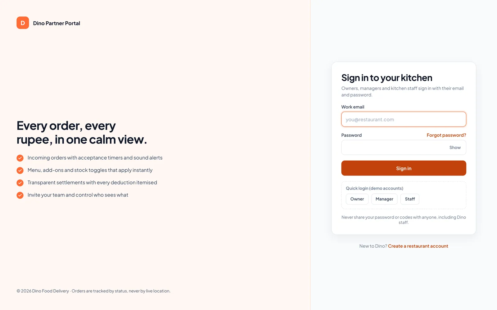 Restaurant portal: Restaurant partner sign-in